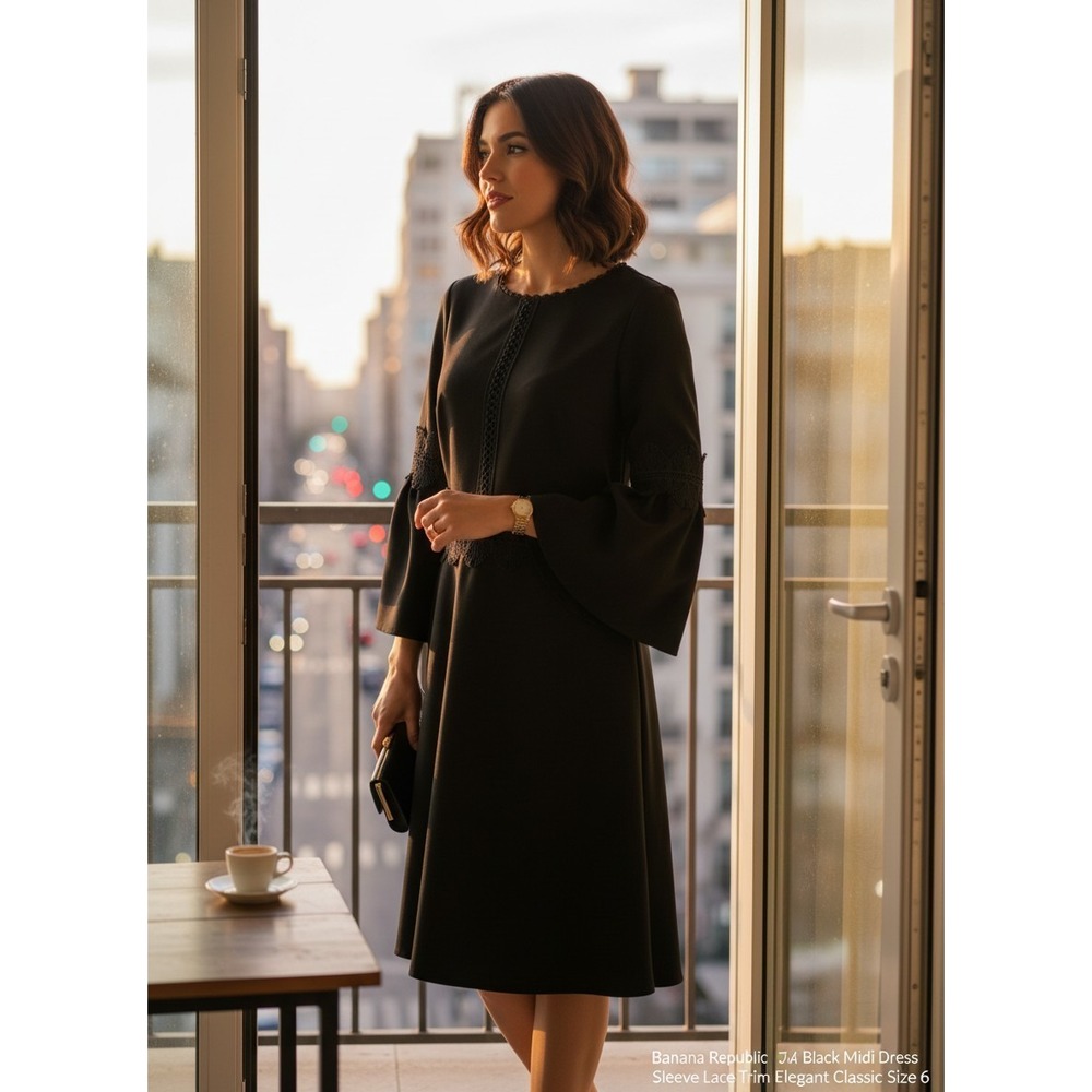 Banana Republic‎ Black Midi Dress 3/4 Bell Sleeve Size 6